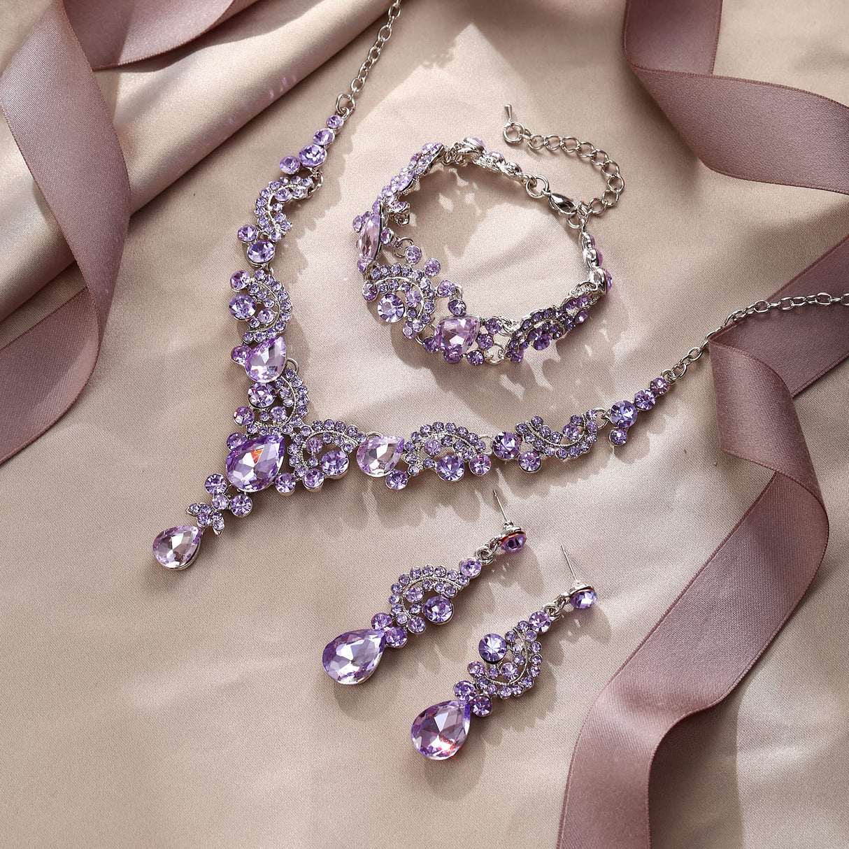EVER FAITH Crystal Art Deco Floral Costume Prom Jewelry Set Light Purple