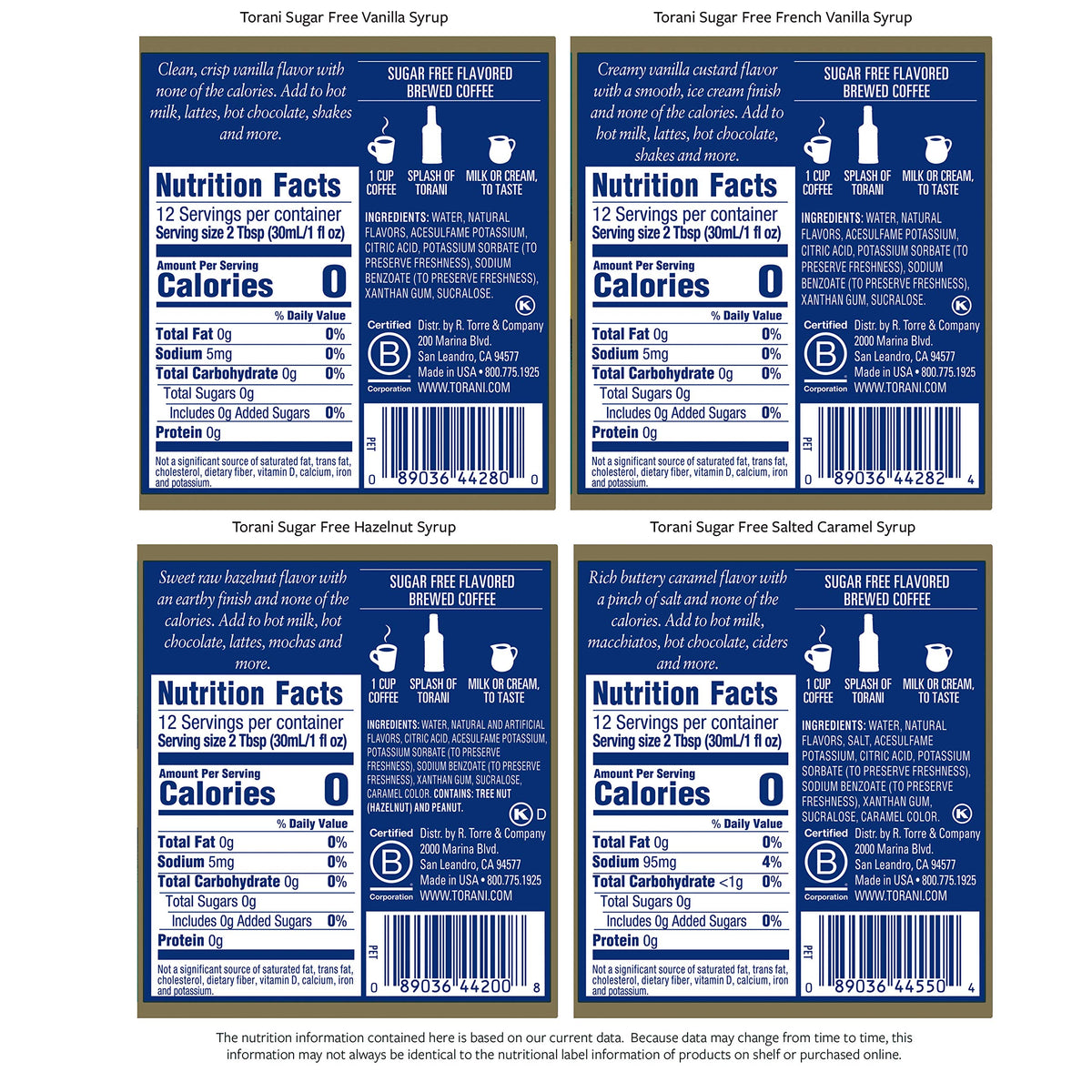 Torani Sugar Free Drink Syrup Coffeehouse Variety Pack, 12.7 fl oz Set of 4