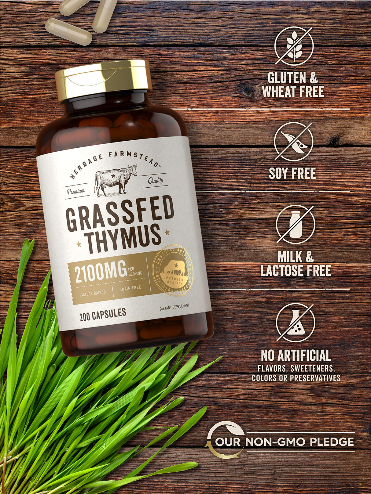 Carlyle Grass Fed Beef Thymus Bovine Supplement | 2100mg | 200 Capsules | Pasture Raised, Non-GMO, Gluten Free | by Herbage Farmstead