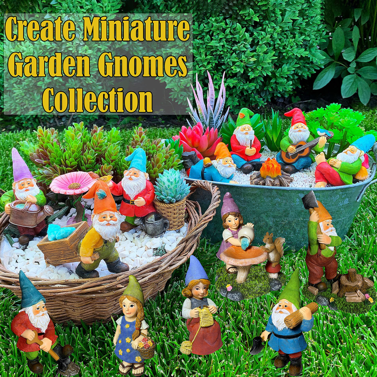 Mood Lab Garden Gnome Figurines - Camping Gnomes Set (5 pcs) - 2.6" H Miniature Decorative Statues & Accessories - Outdoor & Indoor Garden Decor