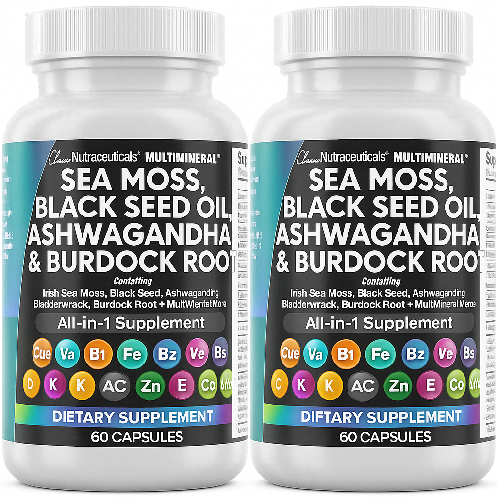 2 Pack Clean Nutraceuticals Sea Moss Black Seed Oil Ashwagandha Turmeric Bladderwrack Burdock & Vitamin C Vitamin D3 with Elderberry Manuka Dandelion Yellow Dock Iodine Chlorophyll ACV