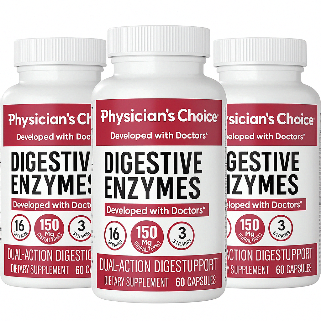 3 Pack Physician's CHOICE Digestive Enzymes - Multi Enzymes, Organic Prebiotics & Probiotics for Digestive Health & Gut Health - Meal Time Discomfort Relief & Bloating - Dual Action Approach - 60 CT