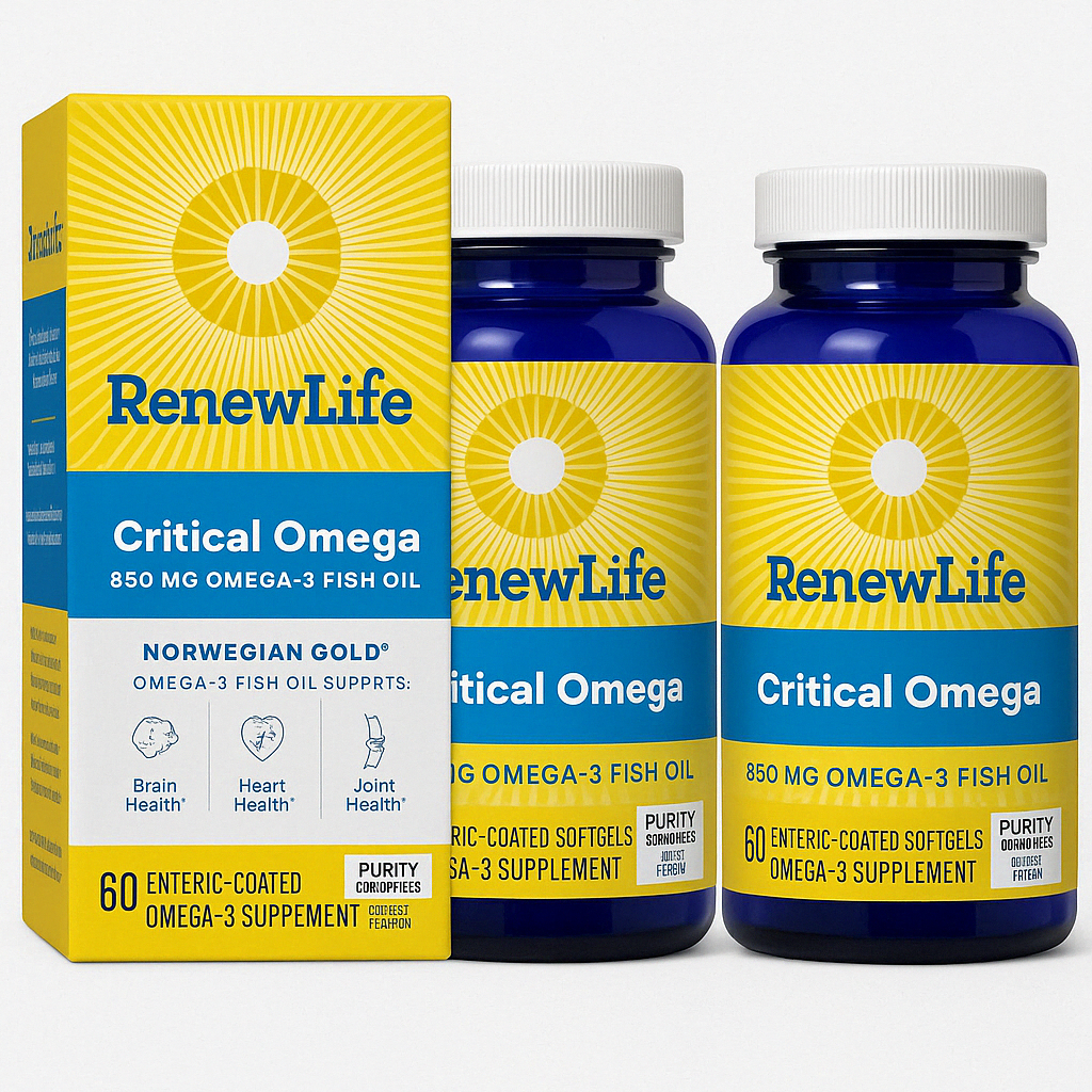 2 Pack Renew Life Norwegian Gold Critical Omega, Omega-3 Fish Oil, 60 Burp-Free Softgels (Pack May Vary)