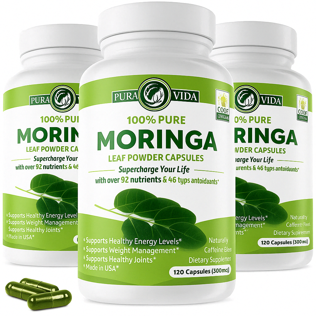 Pack of 3 PURA VIDA MORINGA Capsules Single Origin Organic Moringa Powder. Moringa Leaf. Energy, Metabolism, & Immune Support. 120ct. 500mg Caps. (Pack of 3)