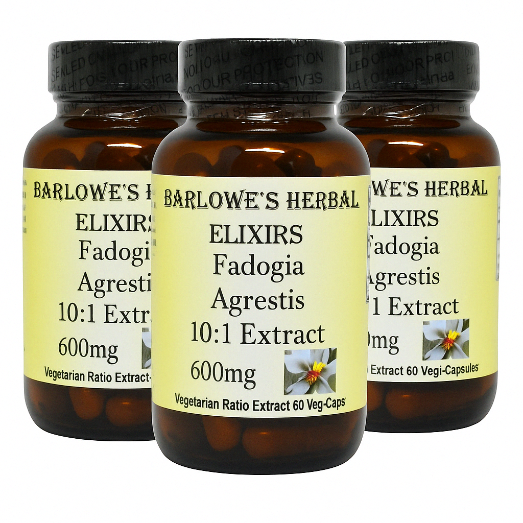 3 Pack Barlowe's Herbal Elixirs Fadogia Agrestis Extract - 60 600mg VegiCaps - Stearate Free, Glass Bottle!