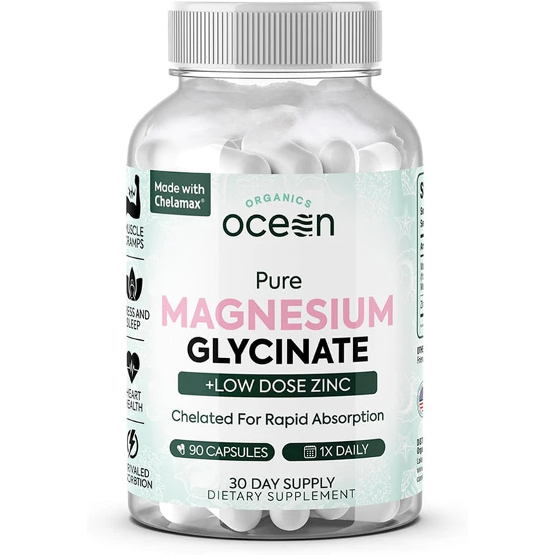 Glicinato de magnesio puro con zinc, suplemento de magnesio quelado de máxima resistencia para mujeres y hombres para calambres musculares y apoyo para el sueño, 90 cápsulas