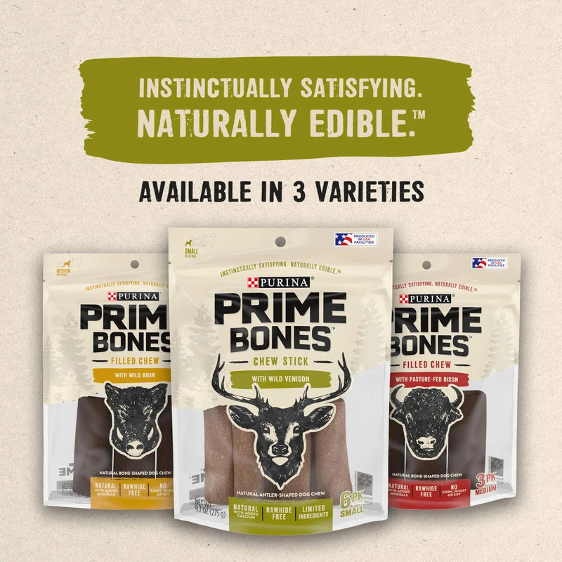 Purina Prime Bones Made in USA Facilities Limited Ingredient Natural Large Dog Treats, Chew Stick with Wild Venison - 3 ct. Pouch