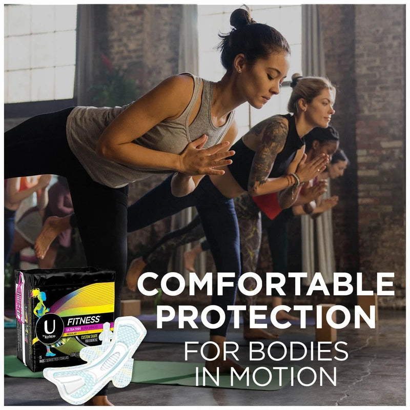 U by Kotex Fitness Ultra Thin Pads with Wings, Regular Absorbency, Fragrance-Free Pads, 15 Count