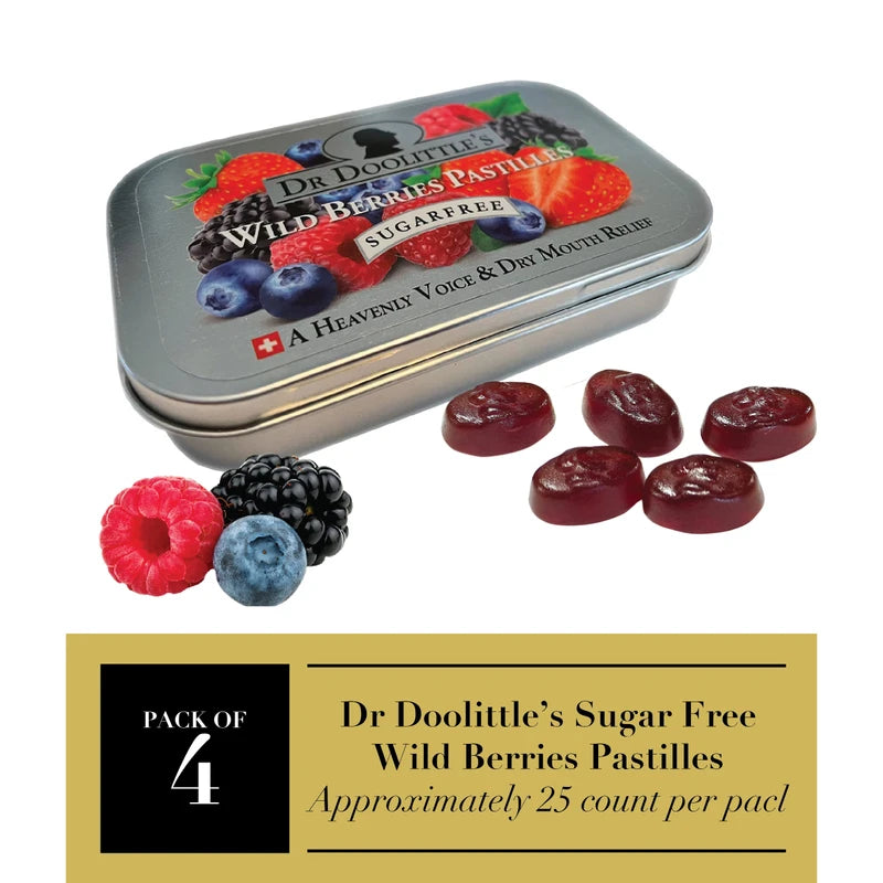 DOOLITTLE DOOLITTLE Sugar Free Soft Fruit Pastilles for Voice and Throat, Wild Berries Flavor, 2.12 Ounce Tin, Approximately 25 Count Package, 4 Pack