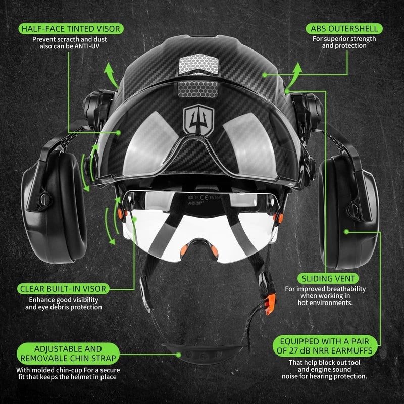 GREEN DEVIL Hard Hat Safety Helmet with Visor and Ear Muffs Men Women Vented Work Hardhat ANSI Z89.1 Cascos De Construccion for Industrial Construction Forestry