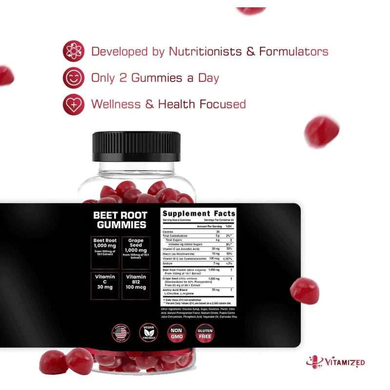 Vitamized Beet Root Gummies Super Nitric Oxide Beets Supplement 60 Chewables Red Beetroot