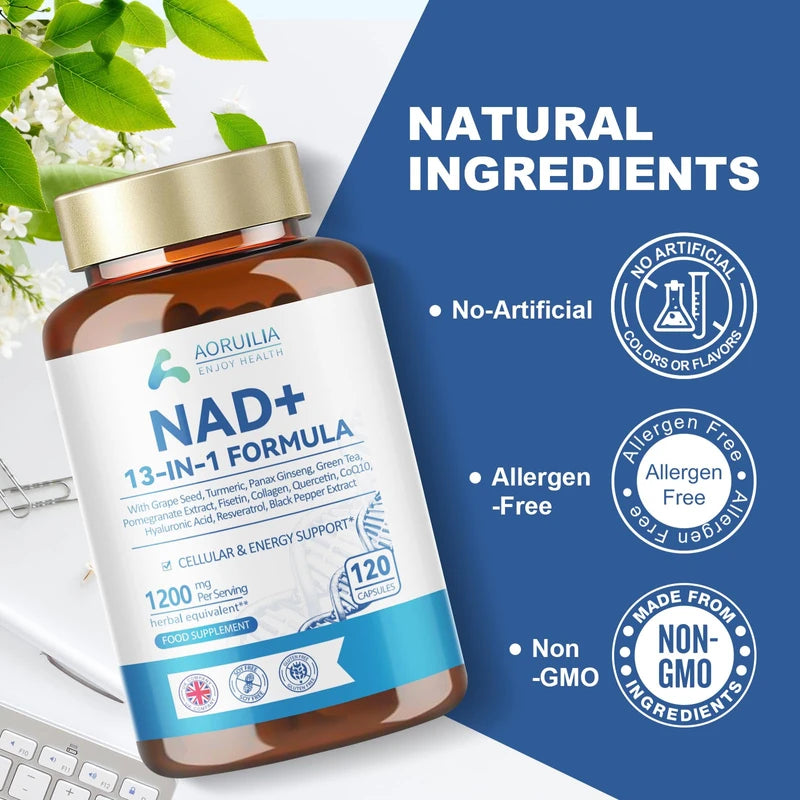 Aoruilia NAD Supplements 1200mg, NAD+ 13 in 1 Superior Antioxidant Blend with Max Absorption for Cellular Energy and Healthy Aging Support, 120 Capsules