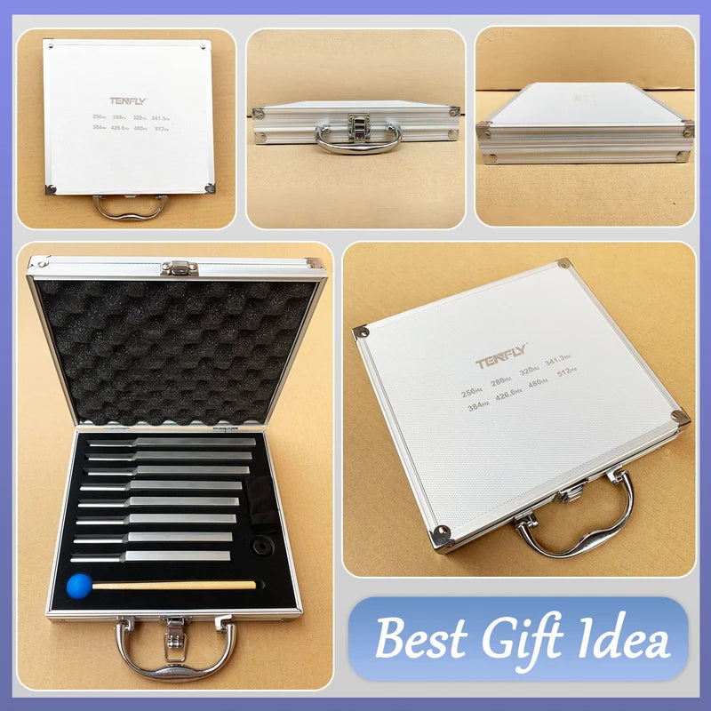 TENFLY Tuning Fork Set of 8 (256 Hz，288 Hz，320 Hz，341.3 Hz，384 Hz，426.6 Hz，480 Hz，512 Hz), Tuning Forks Perfect for Healing, Chakra, Sound Therapy, Keep Body, Mind and Spirit in Perfect Harmony