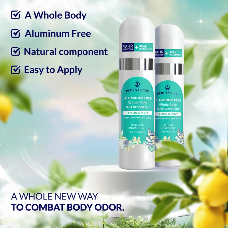 PureNaturis Whole Body Deodorant Spray Contains Natural Ingredients, Deodorant for Men & Women | 48HR Protection, Aluminum Free Nautral Deodorant Spray | Large Bottle 4.05 Fl Oz (Limon & Mint)