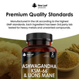 Ashwagandha KSM-66 and Lions Mane Capsules - High Strength 2000mg KSM-66 Ashwaghandha Root Extract and Lions Mane Mushroom Extract - 120 Vegan Capsules with Black Pepper - UK Made by New Leaf