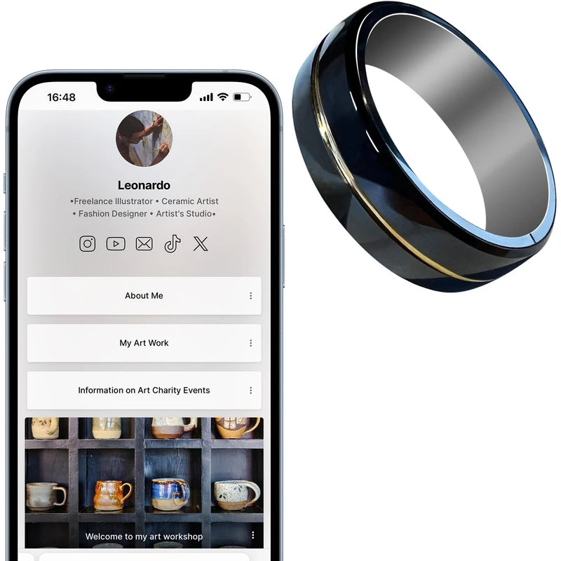 Tungsten Ring Digital Business Card - Waterproof NFC Ring - Social Media Sharing & Instant Contact - Tap to Share NFC - iOS and Android(Gold-#11)