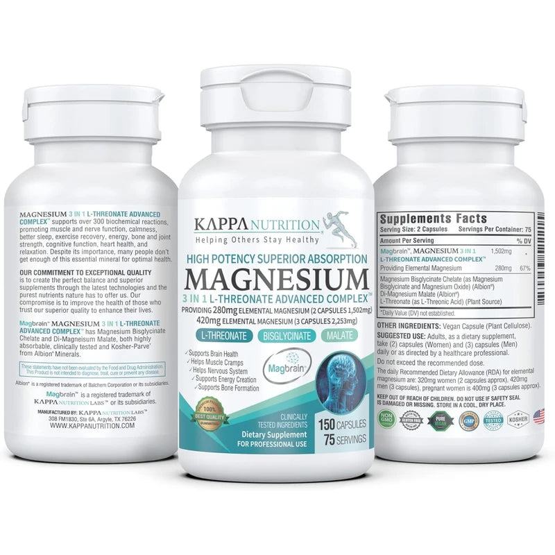(150 Capsules), 2,253mg Per Serving, Providing 420mg Elemental Magnesium, L-Threonate, Bisglycinate Chelate, Malate, from Kappa Nutrition.