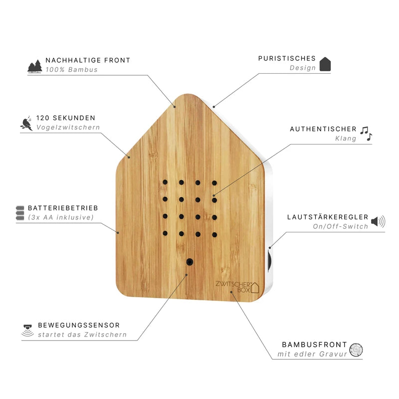Relaxound Zwitscherbox Wood The Original Solid Wood Front Bamboo Bird Singing Natural Sounds Forest Atmosphere Soundbox