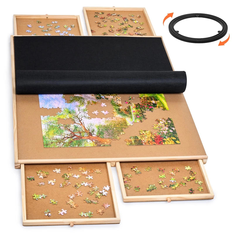 Gamenote 1500 Pieces Rotating Jigsaw Puzzle Table with Puzzle Cover, Portable Large Puzzle Board with Drawers for Puzzle Storage, Wooden Smooth Plateau Work Surface for Kids Family Game