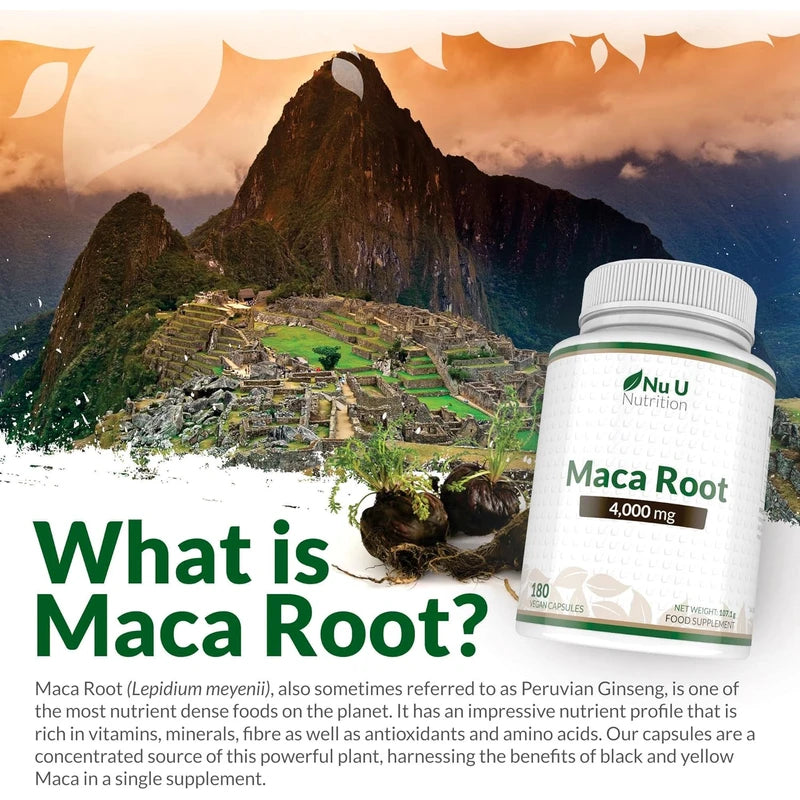 Maca Root Capsules 4000mg – 180 Vegan Capsules – 6-Month Supply – High-Strength Peruvian Maca for Men & Women – Made in the UK by Nu U Nutrition