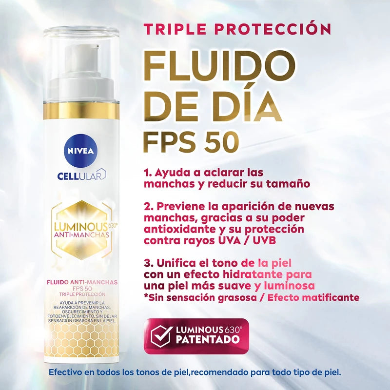 NIVEA Kit Anti-manchas Rutina Facial Completa Luminous 630 (4 piezas), Enriquecida con Ácido Hialurónico Serum facial + Fluido facial con Vitamina E y FPS50 + Contorno de Ojos Anti-ojeras + Crema de Noche Reparadora