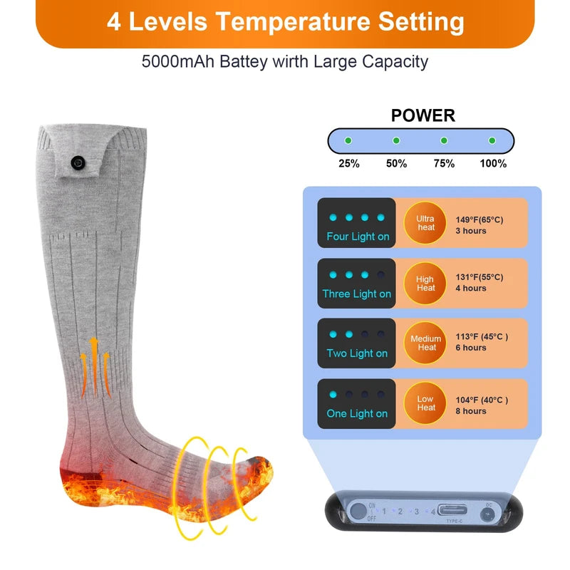 Heated Socks, Heated Socks for Women Men, 5000mAh Rechargeable Electric Heated Socks Up to 8 Hours, Washable Winter Warm Socks for Outdoors Work Fishing Hunting Skiing Riding (Gray)