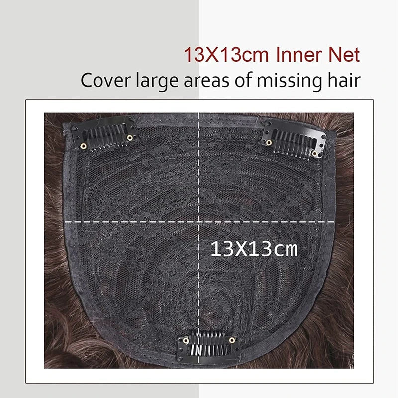 ICRAB Short Curly Real Human Hair Topper with Front Bangs for Women,Breathable Wiglets Hairpieces 5.1x5.1 Large Coverage Women Toupee Clip in Top Wavy Hair Pieces Topper(7",Light Brown)