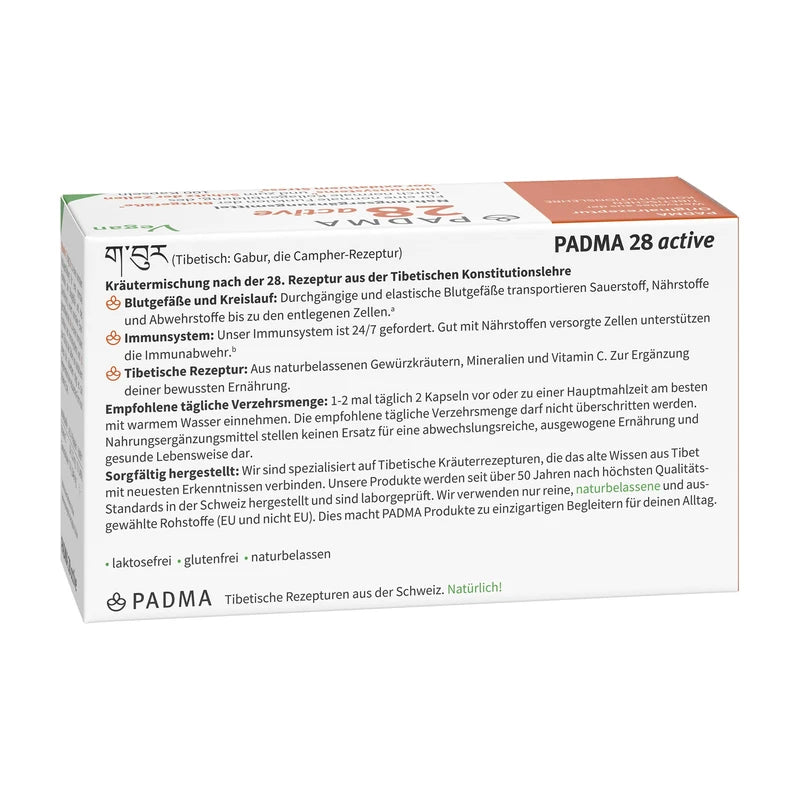 PADMA 28 active 100 Caps. Tibetan Formula 28 of Herbs & Minerals + Vitamin C. It Supports an Active Immune System, Blood Vessels, Regeneration & Protection Against Oxidative Stress