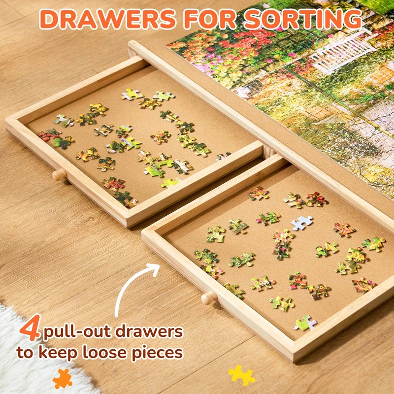 Gamenote 1500 Pieces Rotating Jigsaw Puzzle Table with Puzzle Cover, Portable Large Puzzle Board with Drawers for Puzzle Storage, Wooden Smooth Plateau Work Surface for Kids Family Game