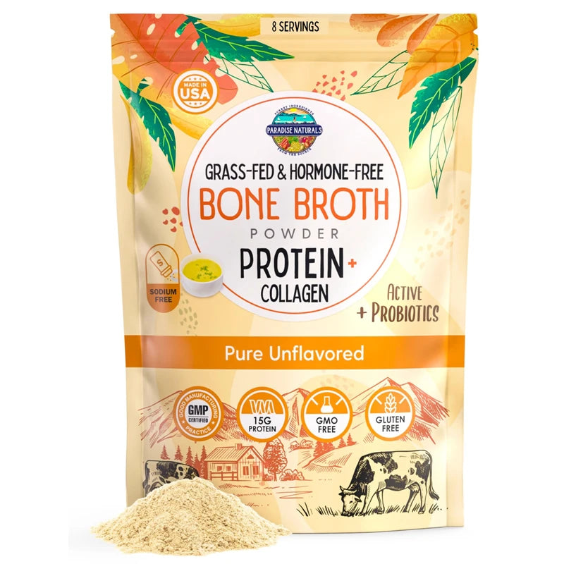 Paradise Naturals 100% Grass-Fed Beef Bone Broth Protein Powder -Active Probiotics- Collagen Peptide Rich, 15g Protein, Non-GMO, Low Sodium, Healthy Skin Hair Joints, Gut Health, Paleo Keto, No Gluten