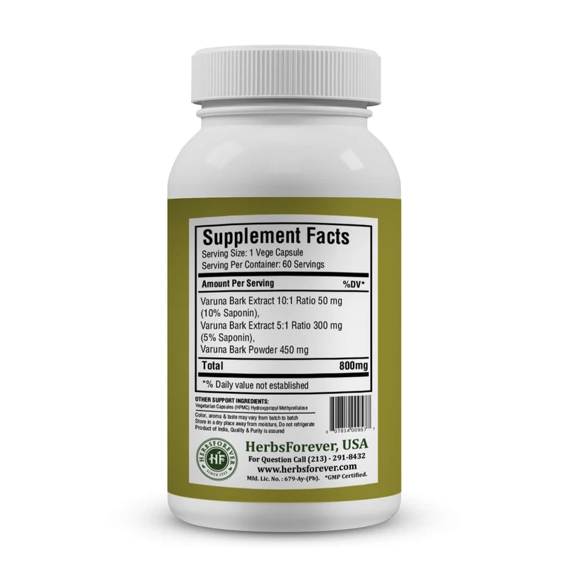 Herbsforever Varuna Capsules - Crataeva Nurvala - 10:1 Extract Ratio - 60 Vege Capsules (800 mg Each)