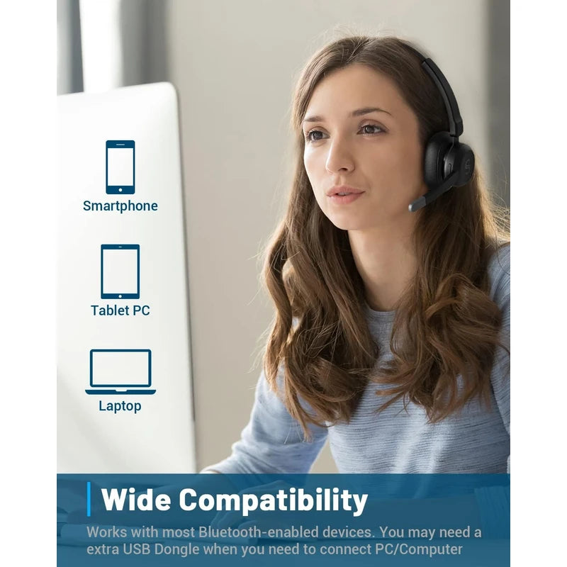 Bluetooth Headset with Microphone, Wireless Headset, Qualcomm Chip/ENC Noise Reduction Mic/Lightweight Comfort/20H Playtime/Multipoint, Stereo Single-Ear Headset for Laptop/Cell Phone/Tablet