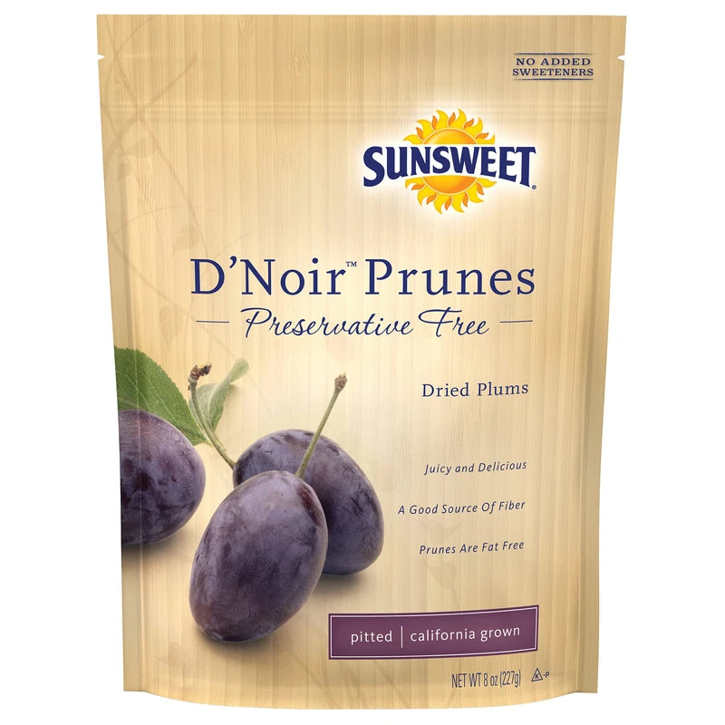 Sunsweet D'Noir Preservative Free Prunes | Pitted, Gluten Free, Vegan, Low Fat, Unsweetened, Unsulfured, No Added Sugar, No Preservatives | Dietary Fiber + other Natural Minerals | 8 oz Pouch