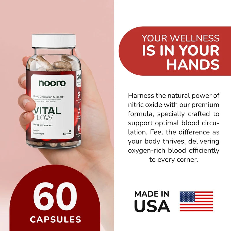 nooro Vital Flow Advanced Blood Circulation Supplement with Nitric Oxide Boost, Vitamin D3, Magnesium, Probiotic Blend, Veins Support Non-GMO and Gluten Free 120 Capsules