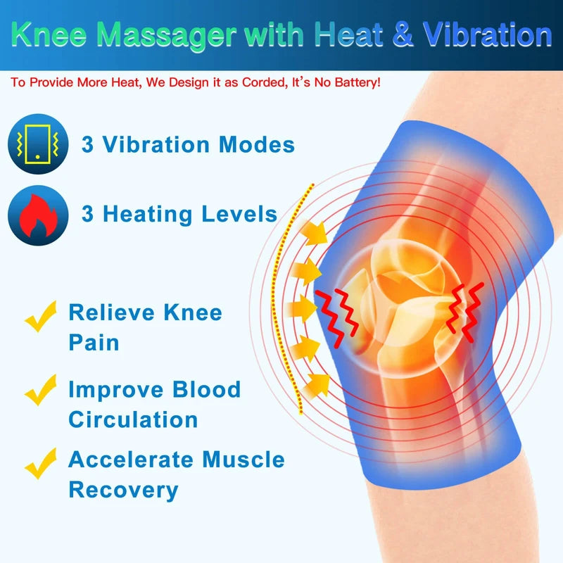 Knee Massager with Heat & Vibration, Heated Knee Brace for Knee Pain Relief, Heating Pad for Knee Joint Pain, Leg Massager, 3 Vibration Modes 3 Heat Levels, AC Adapter Provide More Heat(No Battery)