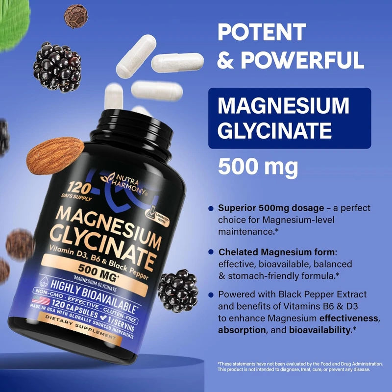 Glicinato de magnesio 500 mg – Suplemento quelatado – 98% de alta absorción – Apoyo para el sueño, la salud muscular y cardíaca – Fabricado en Estados Unidos, probado en laboratorio y sin OMG – 120