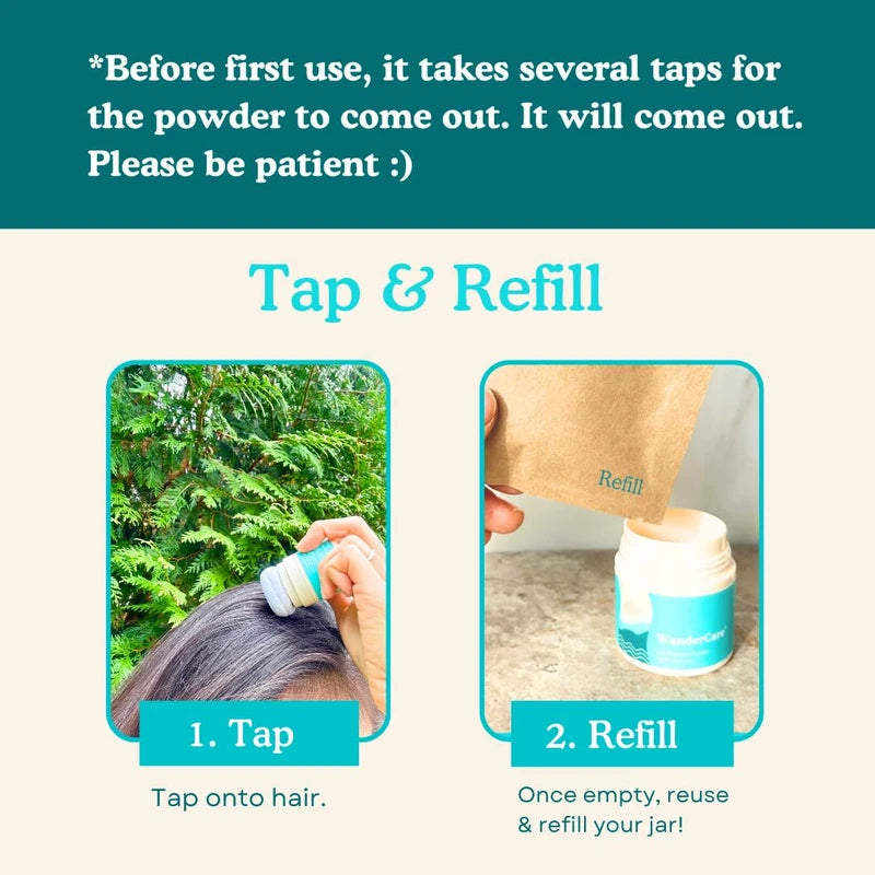 Dry Shampoo Volume Powder | Natural, Eco-friendly, Non Aerosol, Refillable | USA-Made | Refreshes, Volumizes | For Light, Medium or Dark Hair | 1 Refillable Jar + 1 Plastic-free Refill | 500 Uses