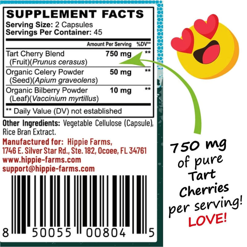 Hippie Farms Tart Cherry Capsules Grown in USA - Lumberjack Strength Blend - Tart Cherry Powder with Bilberry 90 Vegan Pills