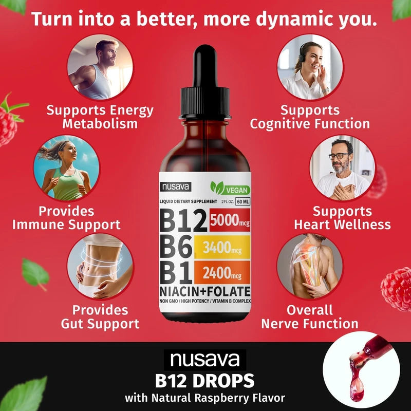 NUSAVA (2 Pack) Vitamin B12 Liquid Drops, Vitamin B Complex, Vegan B12 Sublingual 5000 mcg with Vitamin B6, Liquid B12 Methylcobalamin Supports Energy, Brain & Heart with 27,200 mcg Per Serving, 80 Servings