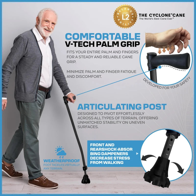 Dynamo Cyclone Cane - Ultimate Comfort, Stability and Balance - HSA/FSA Eligible - Adjustable Heavy Duty Walking Cane for Seniors, Men, Women - Stylish and Travel-Ready - Strong Support Cane (Black)