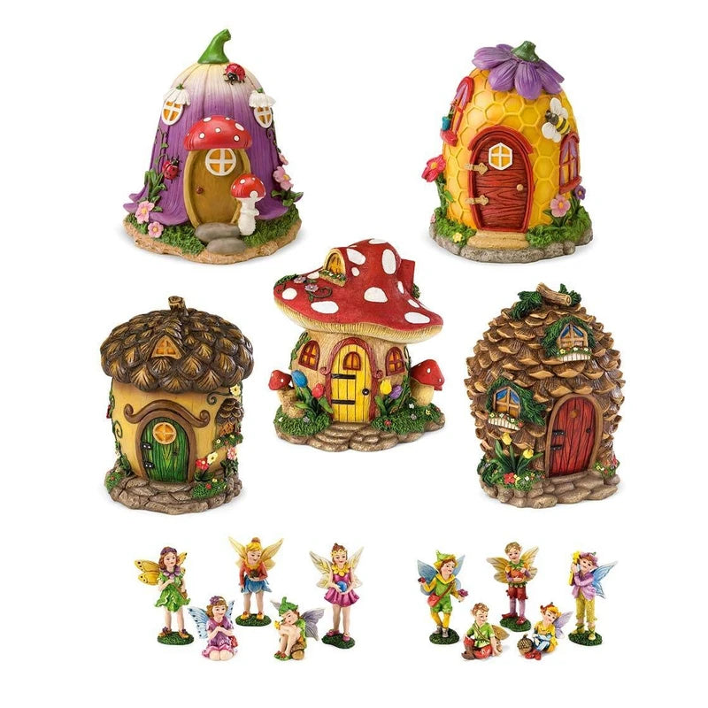 Fairy Village Houses, Resin - Hand-painted - 9"H - Set of 5