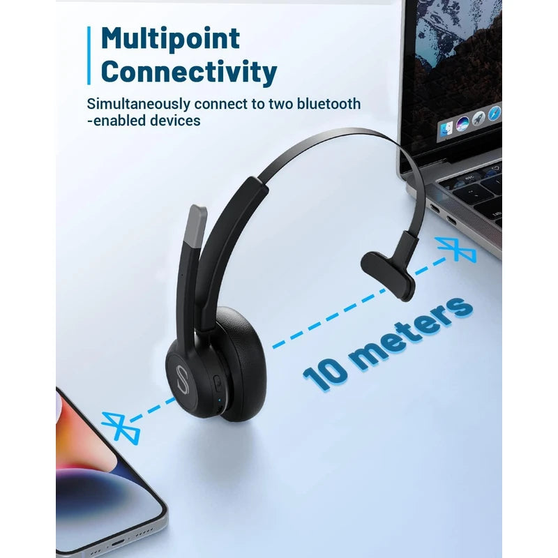 Bluetooth Headset with Microphone, Wireless Headset, Qualcomm Chip/ENC Noise Reduction Mic/Lightweight Comfort/20H Playtime/Multipoint, Stereo Single-Ear Headset for Laptop/Cell Phone/Tablet
