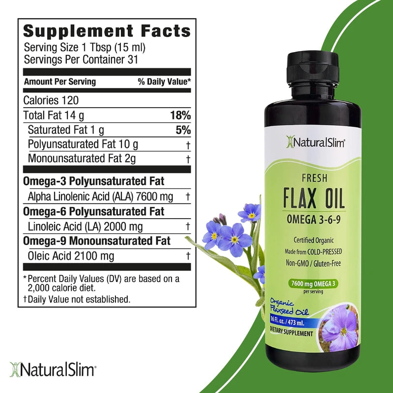 NaturalSlim NaturalSlim Flax Oil - Flaxseed Oil Liquid Supplement with Omega 3 6 9 - Cold-Pressed Certified Organic Flax Seed Oil for Hair, Skin, Nails, Healthy Cells & Vegetable Oil for Cooking - 16 fl. Oz.