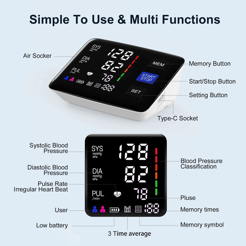 Blood Pressure Monitor, 9-17'' & 13-21'' Extra Large Blood Pressure Cuff Upper Arm, LED Color Backlit Screen Automatic Digital Blood Pressure Machine with USB Cable and 4 AAA Batteries