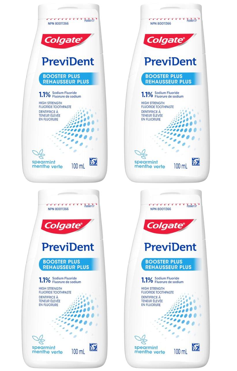 4 Pack Colgate PreviDent Booster Plus Toothpaste - Spearmint, 100mL - Fluoride Enamel Protection, Sensitive Teeth Relief, Travel Size - Dentifrice for Daily Oral Carw