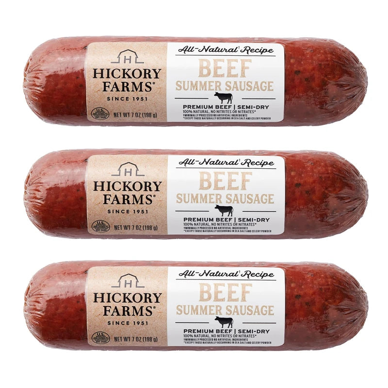 Hickory Farms All-Natural Beef Summer Sausage - 3 Pack | Free of Nitrites, Nitrates, and Hormones, Great for Snacking and Charcuterie Boards, High Protein Snack, Made with Premium Beef
