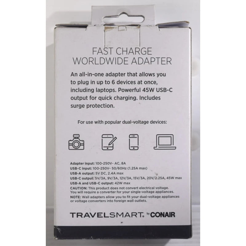 CONAIR Fast Charge Universal Travel TravelSmart Adapter - 4 USB-A & 1 USB-C Port