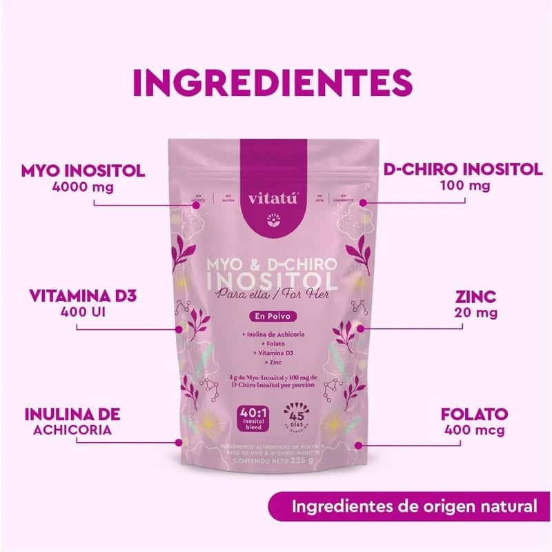 Vitatú | Myo Inositol & D-Chiro Inositol mezcla ideal 40:1 con Folato + Vitamina D3 + Zinc, Suplemento Alimenticio en polvo para Mujeres (225 g c/u), 45 días de duración