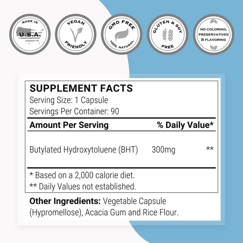 Supersmart Supersmart - BHT 300 mg Per Day - Butylated Hydroxytoluene - Powerful Antioxidant & Immune Support - Anti Aging Supplement | Non-GMO & Gluten Free - 90 Vegetarian Capsules