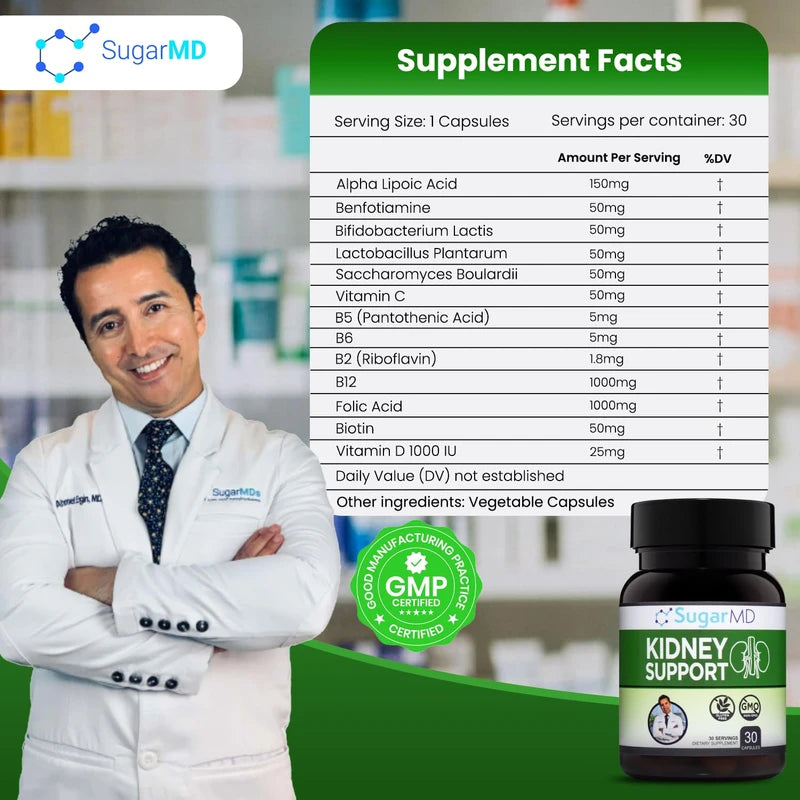 SugarMD Dr. Ergin's Kidney Support Formula 30 Capsules (30 Day Supply) - Kidney Supplements for Men & Women - Kidney Support Supplement for Healthy Kidney Function